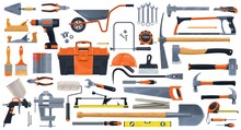 Repair, Construction And Building Vector Tools. Toolbox And Hammer, Screwdriver And Drill, Spanner, Wrench, Paint Brush And Roller, Pliers, Helmet And Trowel, Screw And Hacksaw, Planer, Tile Cutter