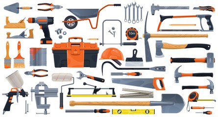 Wall Mural - Repair, construction and building vector tools. Toolbox and hammer, screwdriver and drill, spanner, wrench, paint brush and roller, pliers, helmet and trowel, screw and hacksaw, planer, tile cutter