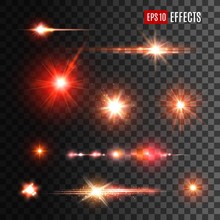 Shine Light Effects, Vector Red Sparkles And Glow With Lens Flares On Transparent Background. Shiny Star Burst And Sun Beams Or Rays With Sparkles, Glare Flashes And Glowing Stripes