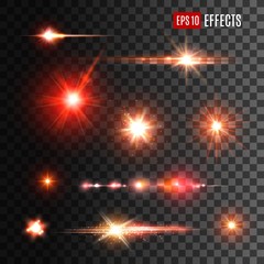 shine light effects, vector red sparkles and glow with lens flares on transparent background. shiny 
