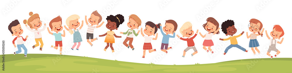 Many children jump, laugh and have fun on the grass. Horizontal banner - obrazy, fototapety, plakaty 