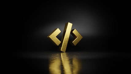 gold metal symbol of code tag 3D rendering with blurry reflection on floor with dark background