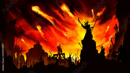 Fotomural Silhouettes of the army of darkness with spearmen, swordsmen, and catapults, led