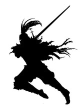 The Silhouette Of A Warrior In A Helmet With A Feather, In A Ragged Long Cloak, Behind Him, Running To Attack With A Long Sword In His Hands . 2D Illustration.