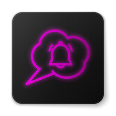 Glowing neon line Speech bubble with chat notification icon isolated on white background. New message, dialog, chat, social network notification. Black square button. Vector Illustration