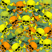  Pattern With The Image Of Skulls In The Style Of Camouflage Green Flowers. Human Skull Seamless Pattern With Bones. 