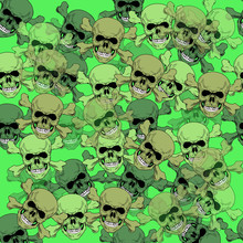  Pattern With The Image Of Skulls In The Style Of Camouflage Green Flowers. Human Skull Seamless Pattern With Bones. 