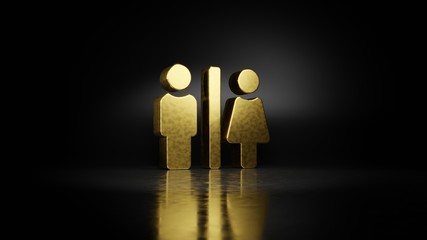 gold metal symbol of restroom 3D rendering with blurry reflection on floor with dark background