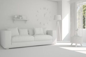 Mock up of stylish room in white color with sofa. Scandinavian interior design. 3D illustration