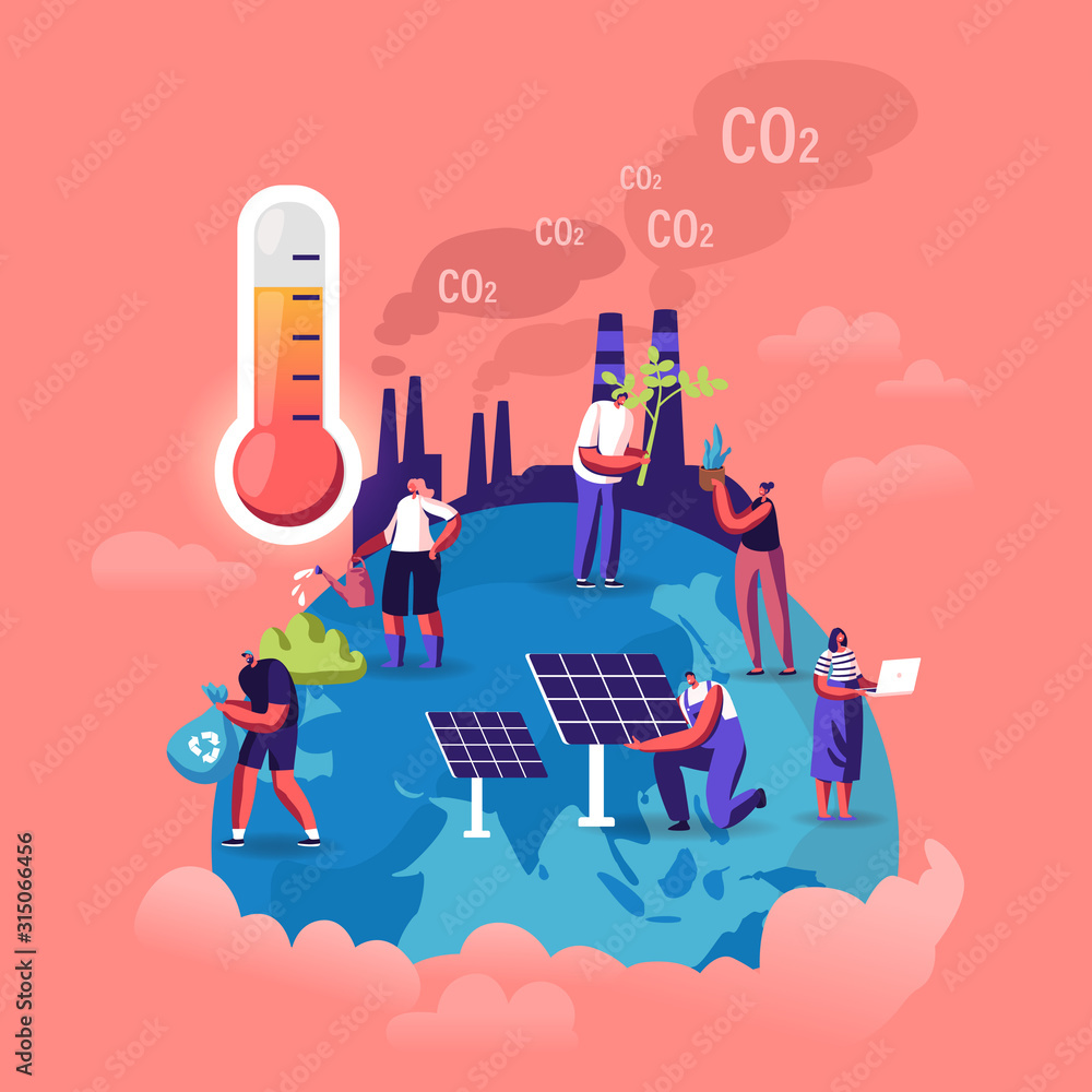 Global Warming Concept. Tiny Characters Care of Plants on Earth, Factory Pipes Emitting Smoke, Thermometer Show High Temperature. Dust Air Pollution, Co2 Gas Emission Cartoon Flat Vector Illustration - obrazy, fototapety, plakaty 