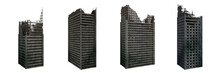 Set Of Ruined Skyscrapers, Tall Post Apocalyptic Buildings Isolated On White Background