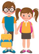 Boy and girl school children brother and sister in full length with school bags vector illustration