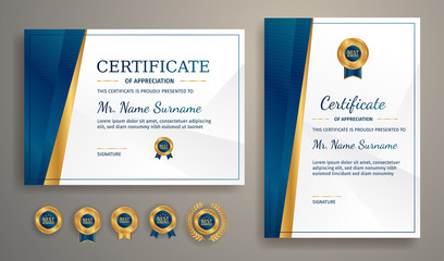 Wall Mural - Blue and gold certificate of achievement template with gold badge and border