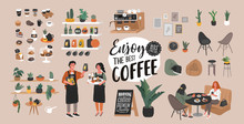 Coffee Shop Hand Drawn Collection . Cartoon Constructor Set. Small Business, Houseplant And Interior Decoration, Logo Lettering And Quote, Barista Character, Coffee Pots