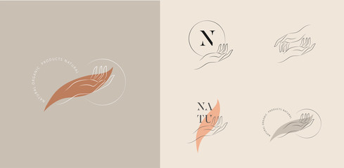 Wall Mural - logo design template in trendy linear minimal style. vector abstract hands. abstract symbol for orga