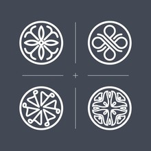 Stylish Corporate Decorative Logo, Badge, Ornament For Company, Business, Brand, Website And Personal Unique Name On Gray Background. A Decorative Set Containing Motifs Of Plants, Lines, Circles, Circ