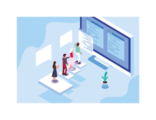 group of people working in front of computer screen