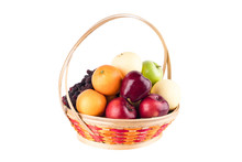Composition Assorted Fresh Fruits Such As Orange, Chinese Pear, Mulberry, Red Apple And Green Applein  Bamboo Wicker Basket On White Background Fruit Health Food Isolated