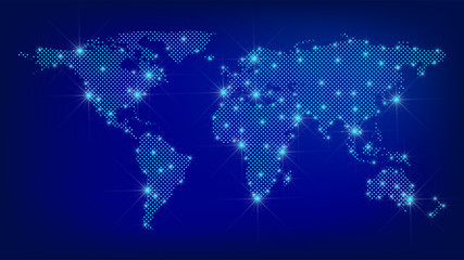 world map. dotted map. dots world map with spotlights on dark blue background. global social network