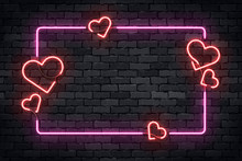 Vector Realistic Isolated Neon Sign Of Frame With Hearts For Template Decoration And Layout Covering On The Wall Background. Concept Of Happy Valentines Day.