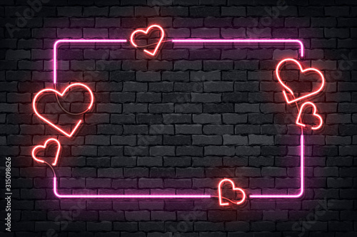 Cuadros en Lienzo Vector realistic isolated neon sign of frame with hearts for template decoration and layout covering on the wall background