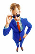 Are you seriously?! Full body portrait of funny skeptic young businessman in blue confident suit and red tie, looking through sunglasses, isolated against white background. Raster illustration.