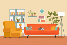 Living Room Interior. Comfortable Sofa,  Bookcase, Chair And House Plants. Vector Flat Illustration