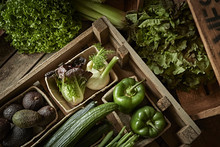 Still Life Fresh, Organic, Green, Healthy Vegetable Variety In Wood Crate