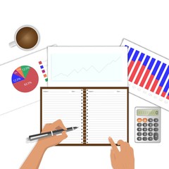 Business concept of Accounting, businessman's hand holding a pen and preparing to take note during analyze three reports on the table in white background and copy space is on top of the page.