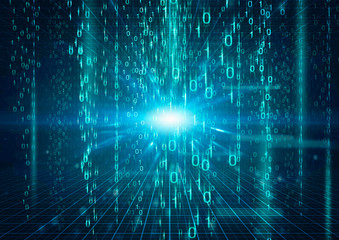 Digital generated image of light shining behind binary code