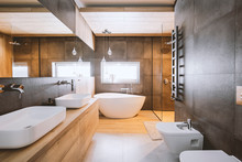 Stylish Bathroom With Wooden And Concrete Walls And White Bath