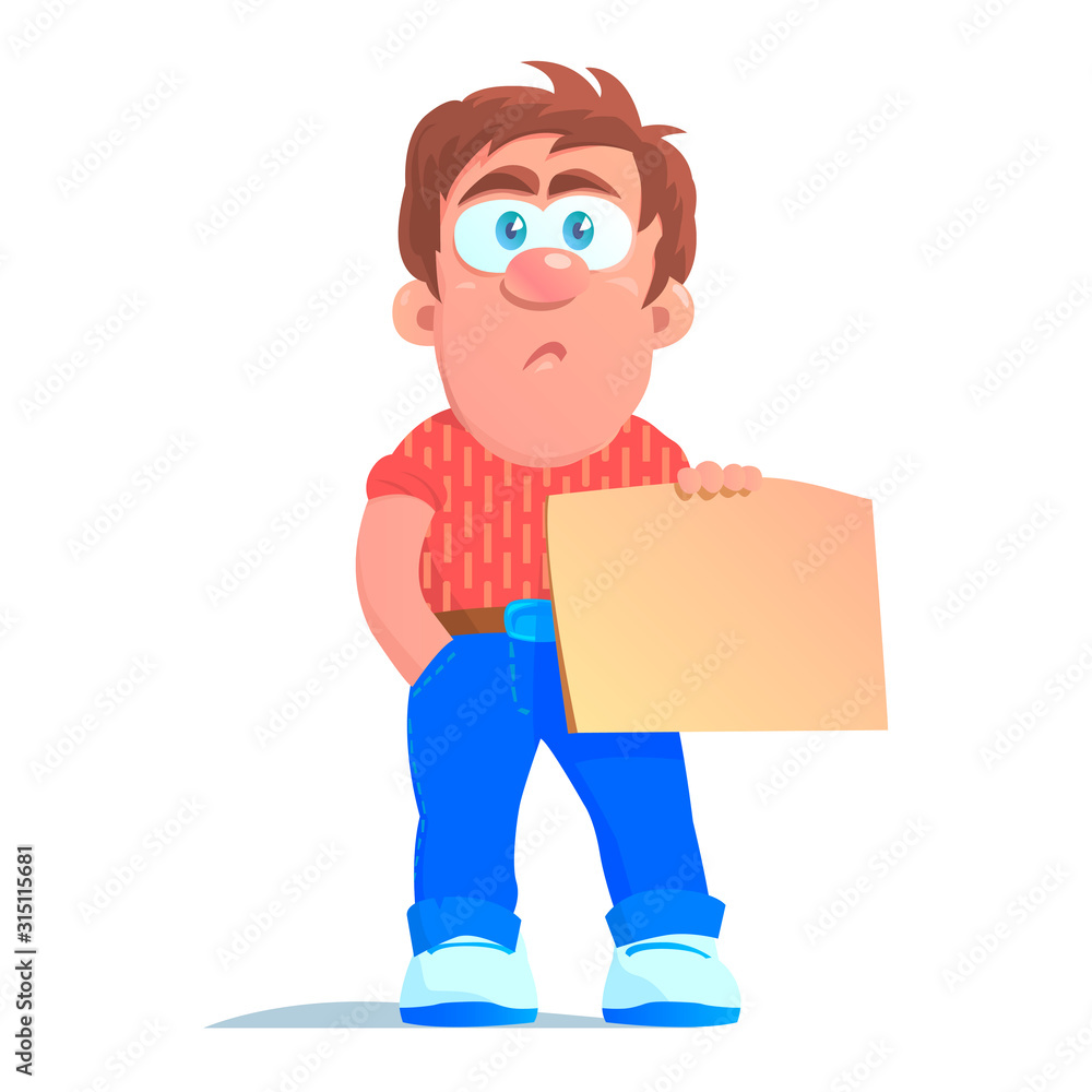 Cartoon adult young man in jeans and a shirt is standing with a poster ...