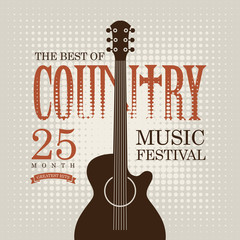 Vector poster for country music festival with electric guitar on the light abstract background in retro style