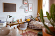 © Photographee.eu - Trendy bedroom interior with bed and desk for school kid