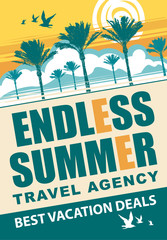 Vector travel banner with palm trees, sun and words Endless summer, best vacation deals. Suitable for poster, flyer, invitation, card, advertising.