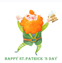 Watercolor Hand Drawn Leprechaun Character. Isolated St Patrick Day Illustration On White Background