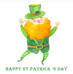 Watercolor hand drawn Leprechaun character. Isolated St Patrick day illustration on white background