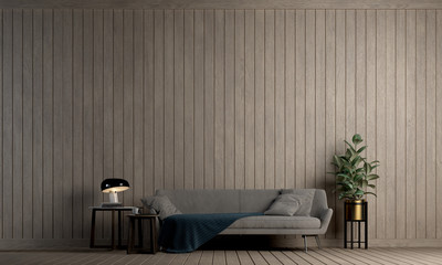 Minimal interior design of living room and wood wall pattern background 