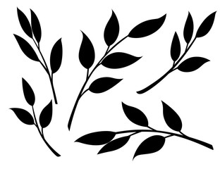 Wall Mural - Black silhouette set of autumn leaves on branches flat vector illustration isolated on white background