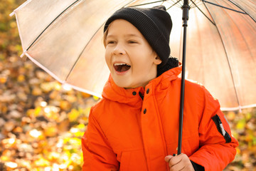 Wall Mural - Cute little boy with umbrella in autumn park