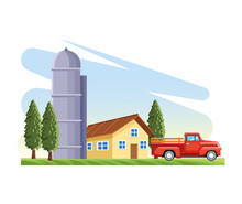 Farming House Silo Storehouse Pickup Truck Trees