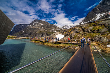 Trollstigen, Norway - June, 2019: Famous norwegian mountains road Trollstigen top view of valley.