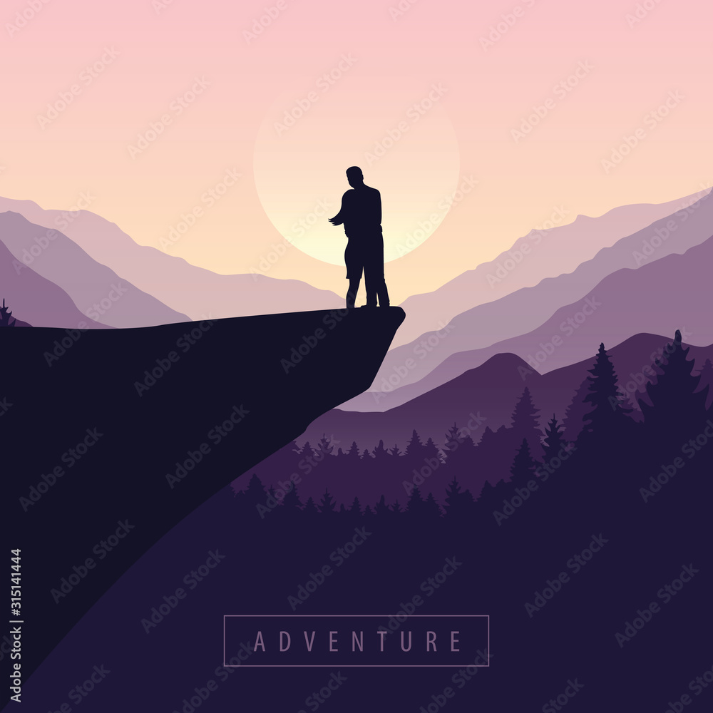 couple on a cliff adventure in nature with purple mountain view vector illustration EPS10 - obrazy, fototapety, plakaty 