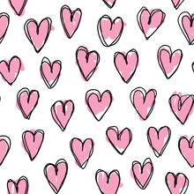 Hand Drawn Seamless Pattern With Lenear Hearts As Sketch And Pink Free Shapes. Perfect For Textile Or Scrapbooking