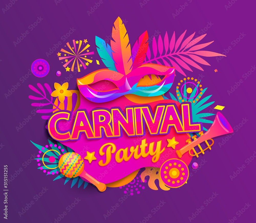 Carnival party invitation card. Traditional mask with feathers,maracas,fireworks,tropical leaves for carnaval,mardi gras, fesival,masquerade,parade.Template for design invitation,flyer poster,banners. - obrazy, fototapety, plakaty 
