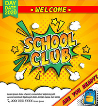 Kids School Summer Camp Banner.Fest Activities And Sport Competitions In Summer Holidays.Great Vintage Template Design In Retro Pop Art Style For Flyers,greetings, Congratulations.Vector Illustration.