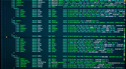 Lines of java coding on computer screen. Vue routes, java routes, vue js routes. Source code