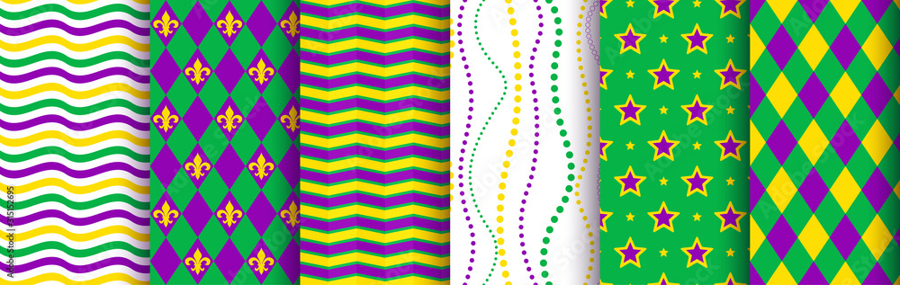 Mardi gras background, seamless pattern set. Pattern swatches included in the Swatches panel - obrazy, fototapety, plakaty 