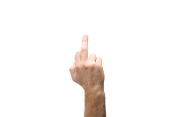 cropped view of man showing middle finger isolated on white