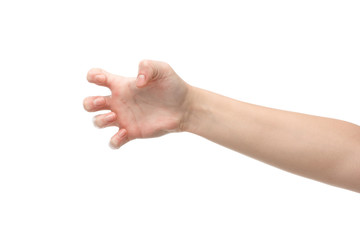 cropped view of woman showing grab gesture isolated on white